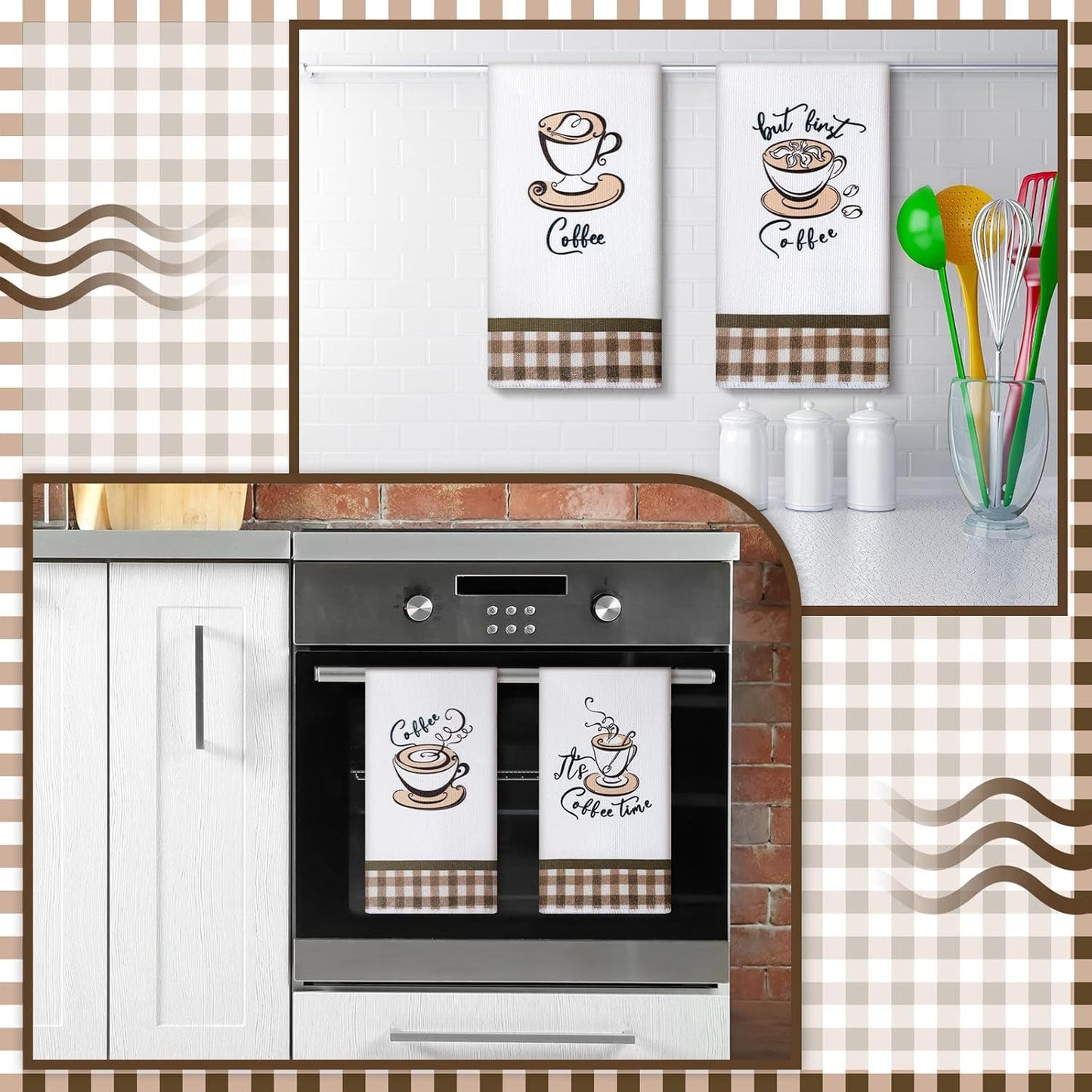 Ferraycle 4 Pieces Kitchen Dish Cloths Coffee Kitchen Hand Towels Absorbent Tea Towels 24 x 16 Inches, Coffee Lover Gift Bar Decorative Dish Cloths Rags, for Farmhouse (Mainly White,Cup Pattern)