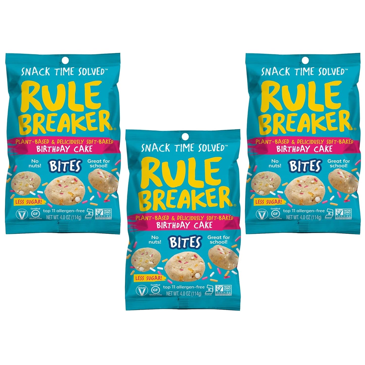 Rule Breaker Vegan & Gluten-Free Cookies | Birthday Cake Bites | Plant-Based, Dairy, Nut, Soy, Allergen Free, Kosher | Soft-Baked School Snacks for Kids and Adults (Pack of 3)