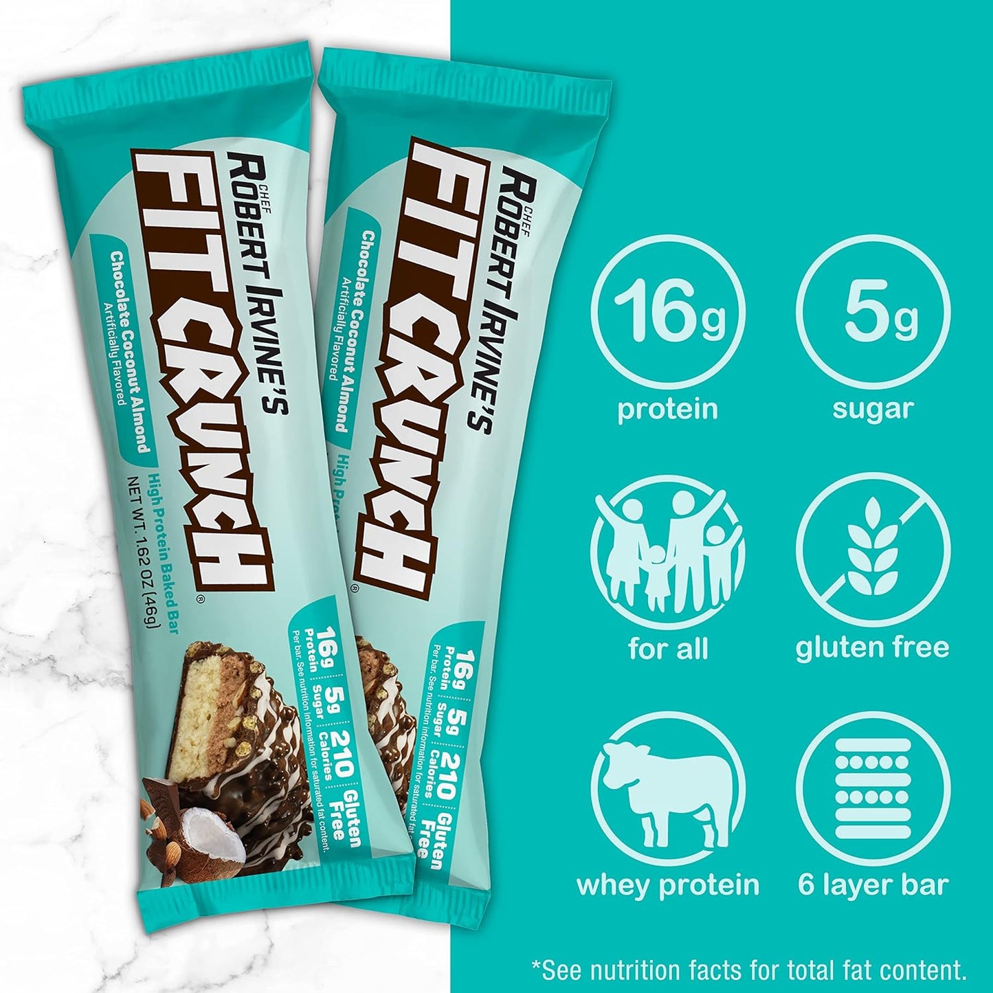 FITCRUNCH Snack Size Protein Bars, 6-Layer Baked Bar, 5g of Sugar & Soft Cake Core (9 Bars, Chocolate Coconut Almond)