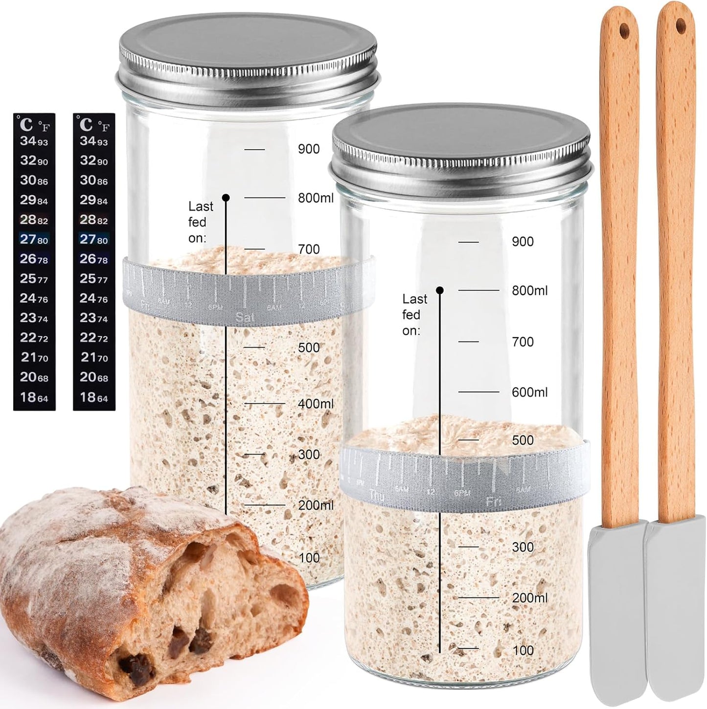2pcs 1000ML FSourdough Starter Kit with Date Marked Feeding Band, Thermometer, Cloth Cover & Metal Lid, Reusable Sourdough Bread Baking Supplies, Canisters for household or kitchen use