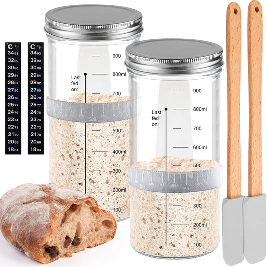 2pcs 1000ML FSourdough Starter Kit with Date Marked Feeding Band, Thermometer, Cloth Cover & Metal Lid, Reusable Sourdough Bread Baking Supplies, Canisters for household or kitchen use