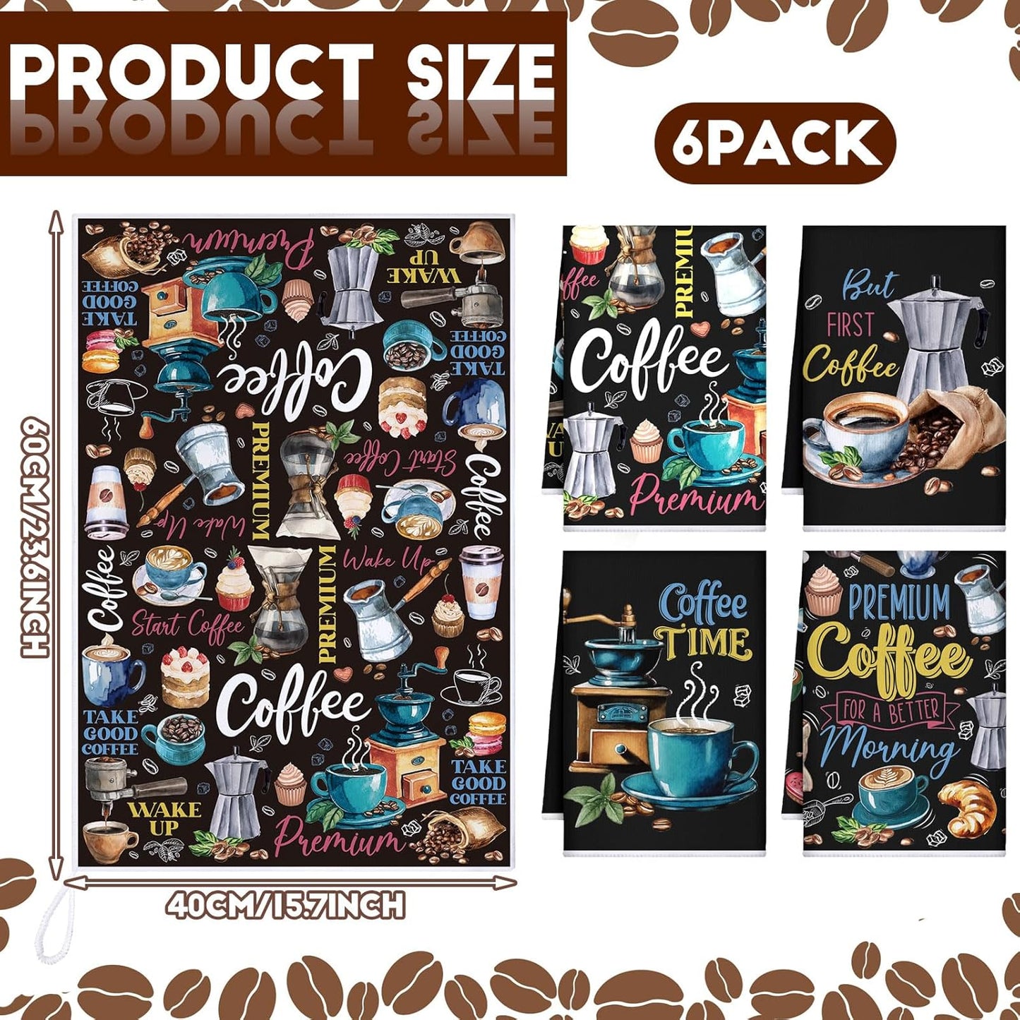 Ferraycle 4 Pieces Kitchen Dish Cloths Coffee Kitchen Hand Towels Absorbent Tea Towels 24 x 16 Inches, Café Lover Gift Bar Decorative Dish Cloths Rags, for Farmhouse (Black,Coffee Time)