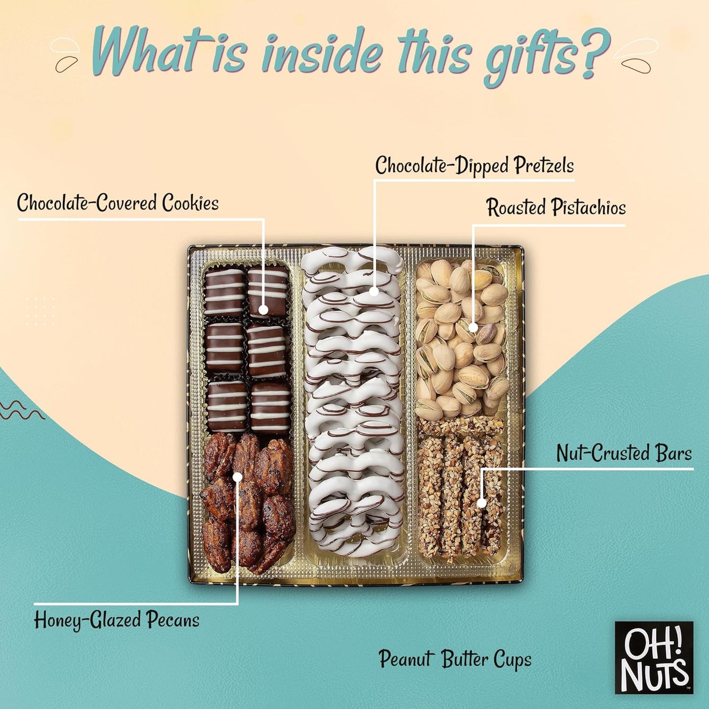 Oh! Nuts Chocolate and Nuts Gift Basket - Gourmet Truffles & Chocolates Pretzels - Assorted Nut Gift Square Metal Tin Box - Healthy Food Gifts Baskets for Holiday, Birthday, Corporate, Women & Men