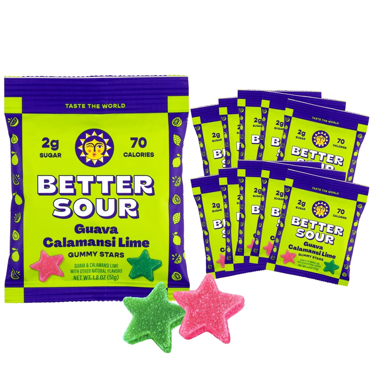 Better Sour Guava Calamansi Lime Gummy Stars Candy, Tropical Sour Gummies with a Tangy Twist, Bold and Juicy Sour Candy Made with Real Fruit Flavors, Vegan and Gluten-Free, 10 Pouch Set