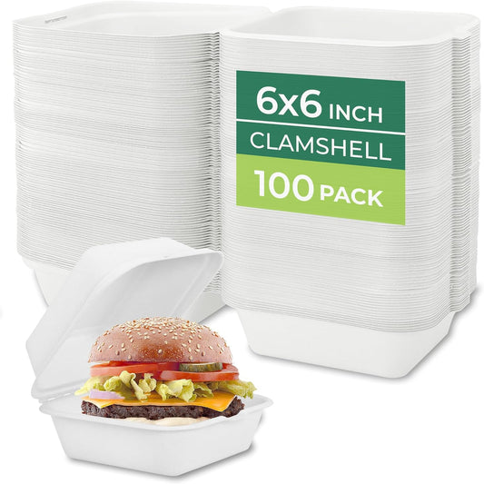 Freshware Clamshell Food Containers with Lids [6x6 100-Pack] Disposable To Go Containers, Biodegradable Sugarcane To Go Boxes - Paper Container - Microwave & Freezer Safe, Stackable