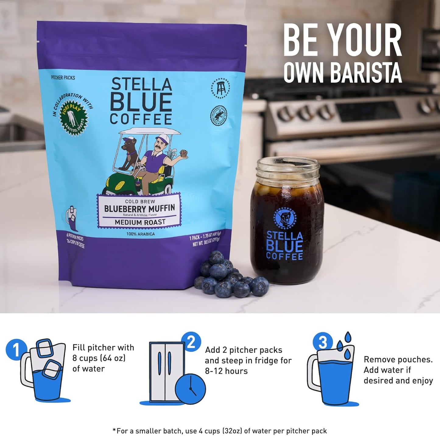 Stella Blue Cold Brew Coffee Bags, Blueberry Muffin, Medium Roast Ground Coffee, Smooth, Bold and Refreshing 100% Arabica, 6 Brew Packets, Makes 24 Cups, Rainforest Alliance Certified