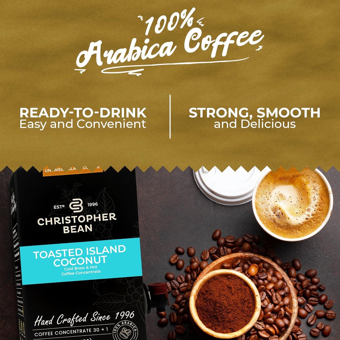Christopher Bean Coffee - 396 servings, 30 to 1 Blend Bag in Box Liquid Instant Coffee or Cold Brew Coffee Concentrate - Hot or Iced Coffee - Toasted Island Coconut