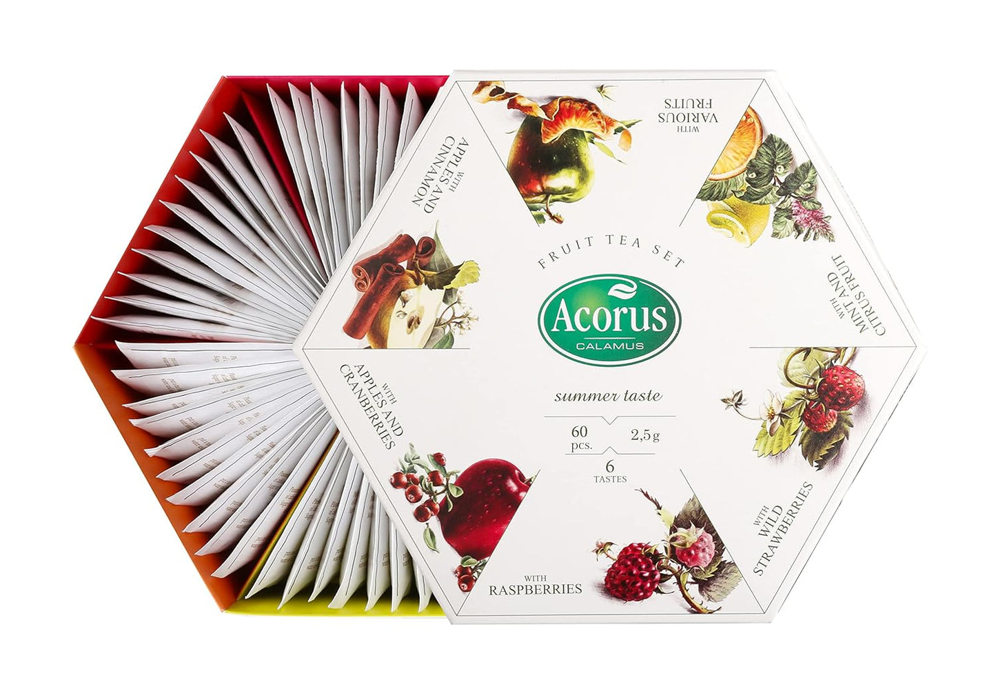 ACORUS Summer Taste Tea Set - Natural Assorted Tea Hamper Box Gift Set, Large Selection Box 60 Teas Bags, 6 Fruit and Berry Flavour Sampler, Perfect for Refreshing Iced Drinks