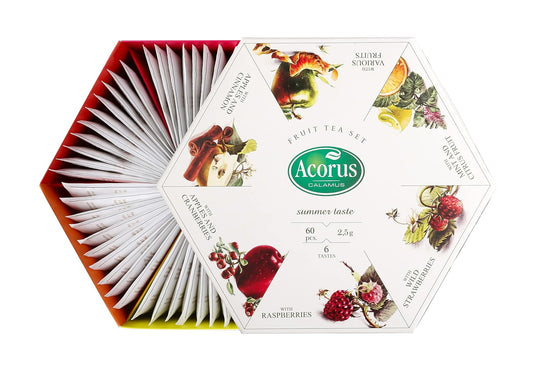 ACORUS Summer Taste Tea Set - Natural Assorted Tea Hamper Box Gift Set, Large Selection Box 60 Teas Bags, 6 Fruit and Berry Flavour Sampler, Perfect for Refreshing Iced Drinks