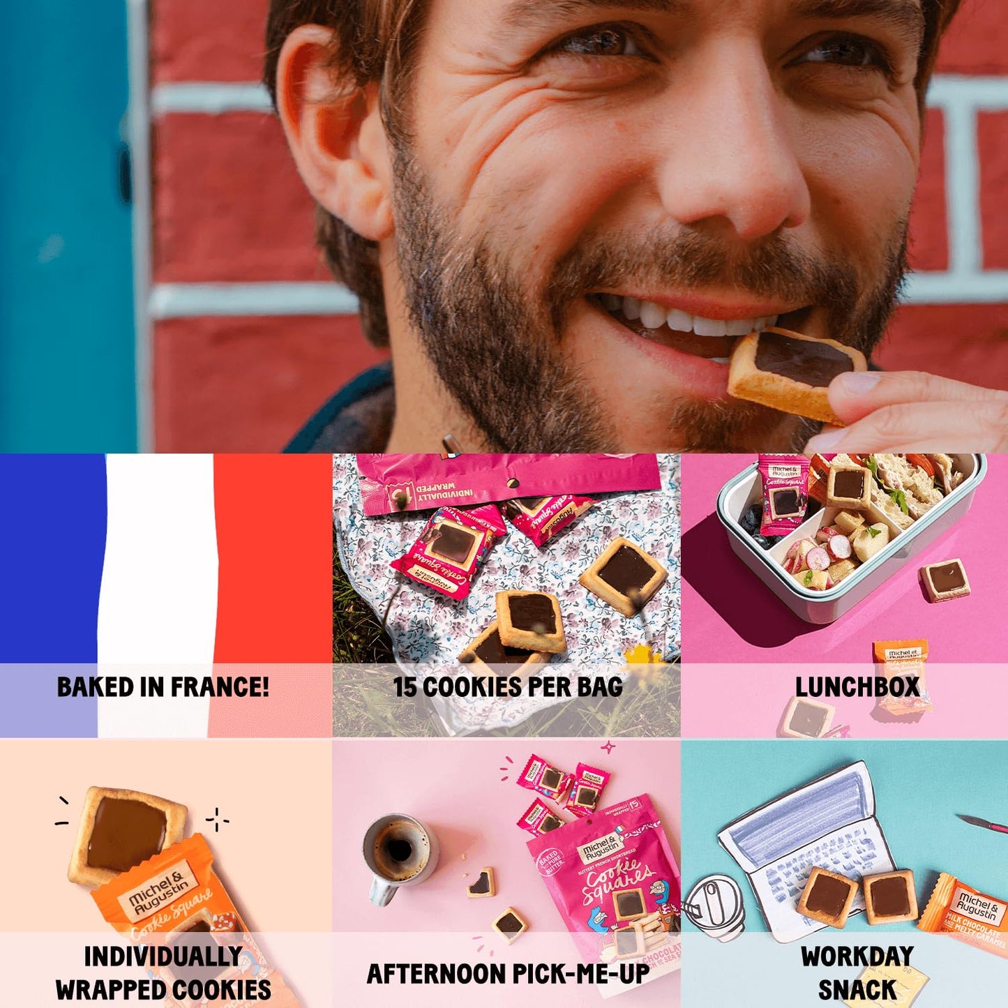 Michel et Augustin Cookies, Individually Wrapped Snacks, 3 Pack, Gourmet Milk Chocolate & Caramel Shortbread, 15 French Butter Cookies per bag