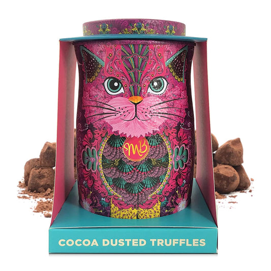 Monty Bojangles Persian Pink Cocoa Dusted Truffles Cat Tin (4.37 oz) - Choccy Scoffy Flavoured Luxury Chocolatey Truffles - Collectable Cat Tin Chocolate Gift With Bespoke Design