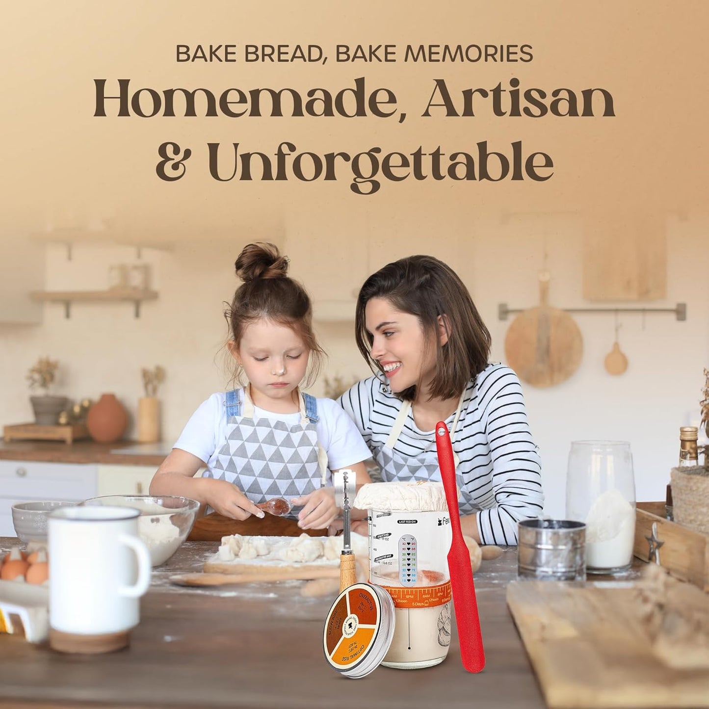 Sourdough Starter Kit with 24oz Glass Jar, Recipe Book, Tracking Band, Measuring Spoons, Bread Lame with 5 Blades, Scoring Stencils & Silicone Spatula – Complete Bread Baking Supplies for Home Bakers