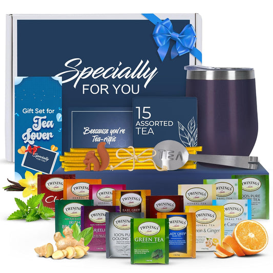 Tea Gifts for Women – Sampler Gift Basket with 15 Unique Blends, Honey Sticks, Stainless Tumbler & Gift-Ready Box (Blue/Blue box)