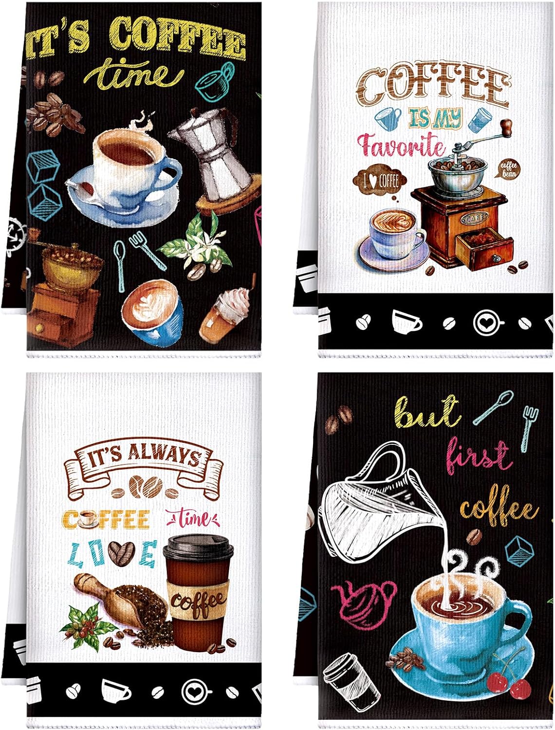 Ferraycle 4 Pieces Kitchen Dish Cloths Coffee Kitchen Hand Towels Absorbent Tea Towels 24 x 16 Inches, Coffee Lover Gift Bar Decorative Dish Cloths Rags, for Farmhouse(Bright,Tea Time)