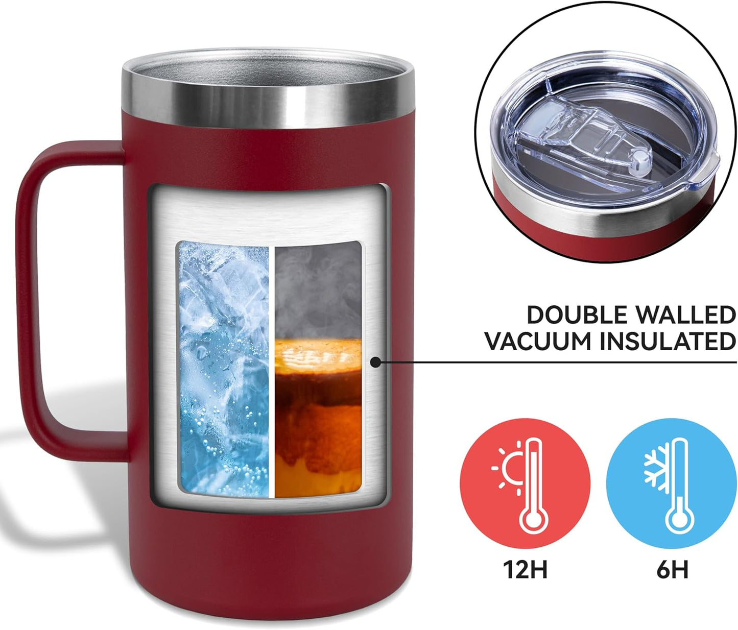 DOMICARE 24oz Mug with Handle and Lid, Stainless Steel Coffee Mug, Travel Mug with Handle, Double Wall Vacuum Coffee Tumbler, Reusable Insulated Cup, Dark Red, Pack 8