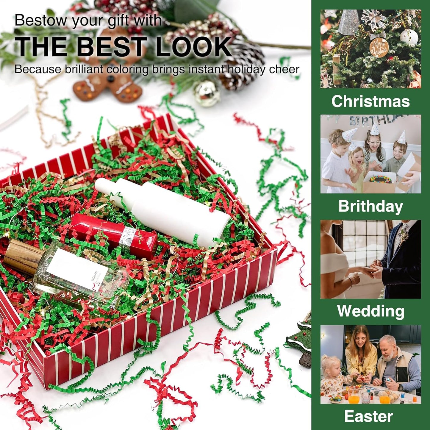 2LB Crinkle Cut Paper Shred Filler for Bag Gift Box Basket Confetti Paper Shreded Stuffing on Christmas Day Holiday(Green&Red&Kraft)