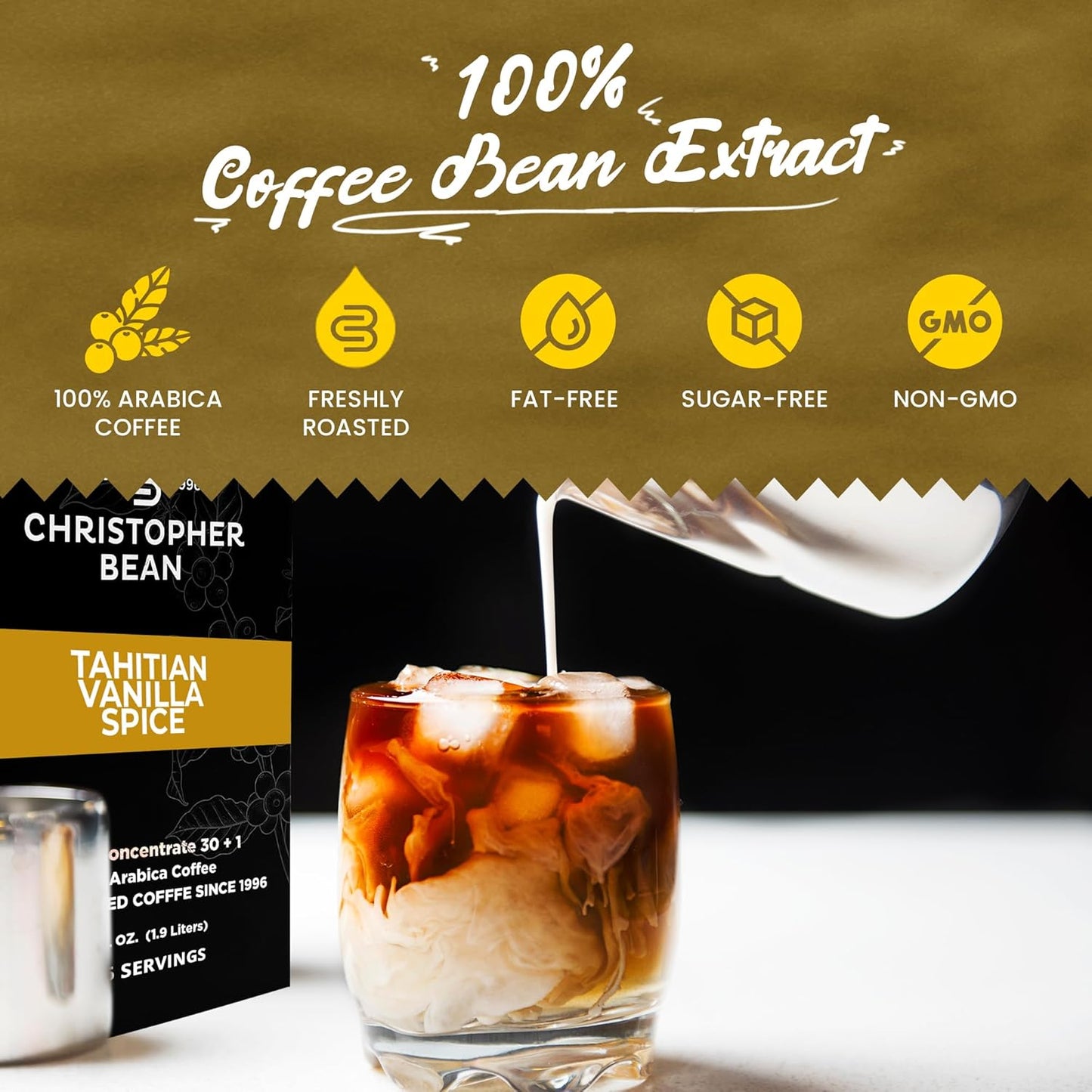 Christopher Bean Coffee - 396 servings, 30 to 1 Blend Bag in Box Liquid Instant Coffee or Cold Brew Coffee Concentrate - Hot or Iced Coffee - Tahitian Vanilla Spice