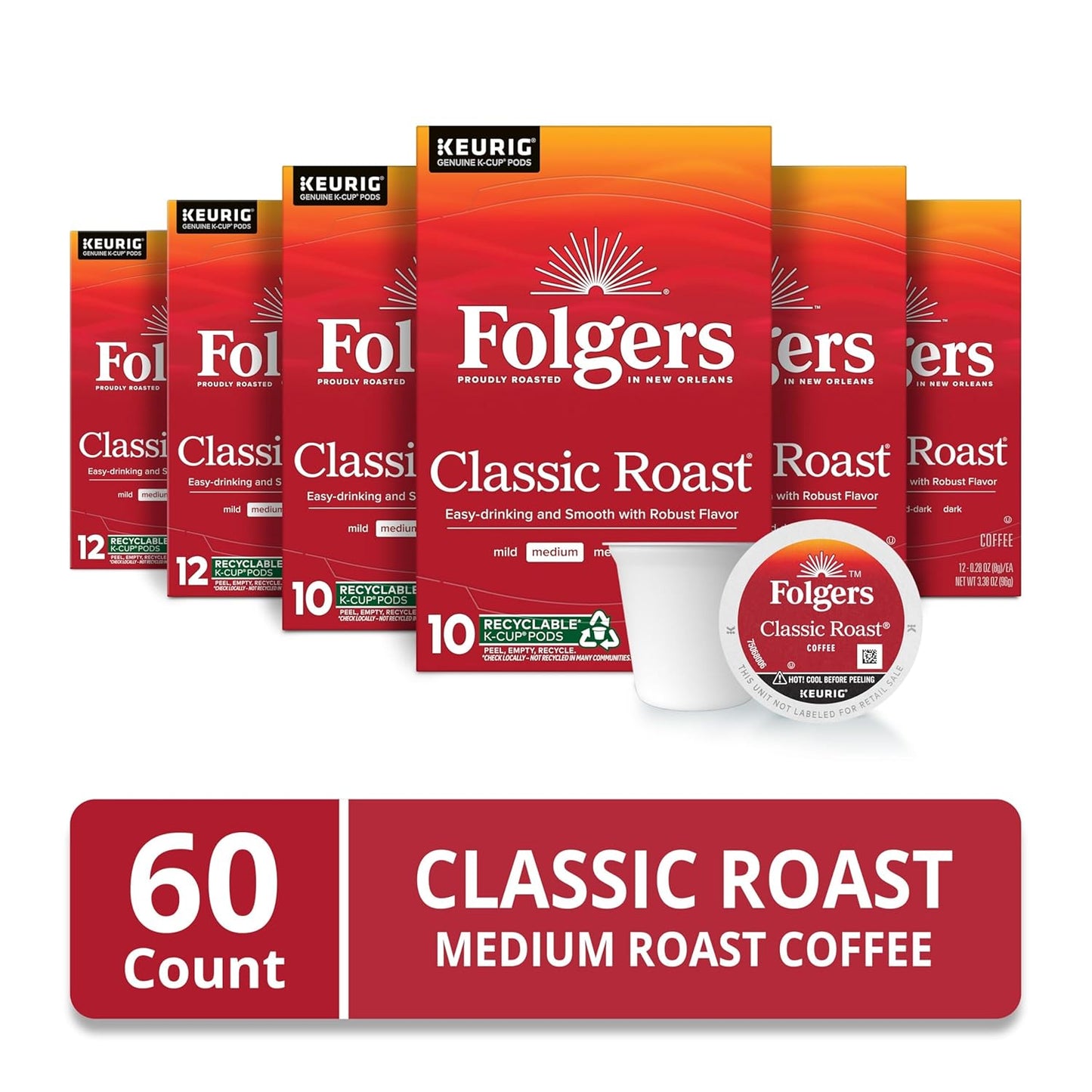 Folgers Classic Roast Coffee, Medium Roast, Keurig K-Cup Pods, 10 Count Box (Pack of 6)
