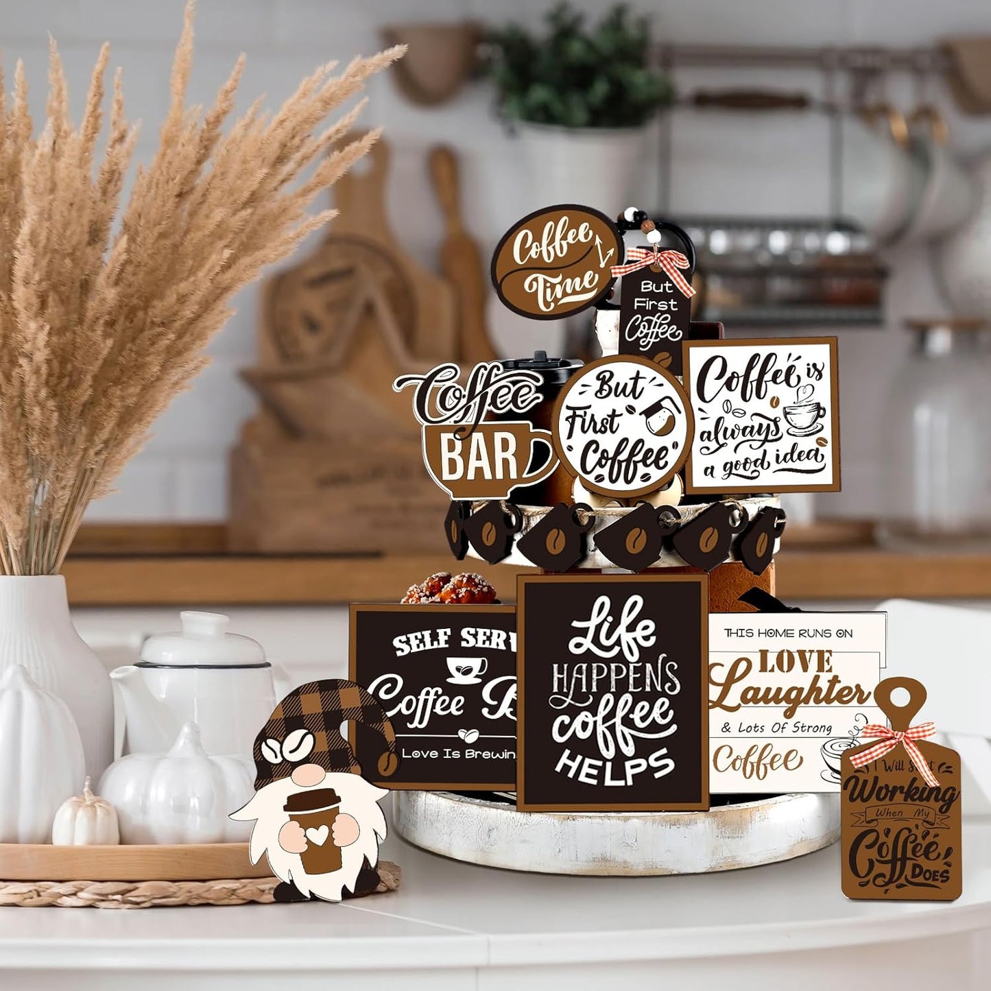 Thyle 16 Pcs Fall Coffee Tiered Tray Decor Set Coffee Bar Wooden Signs Rustic Decorations Farmhouse Table Ornament for Station Bar Tray Shelf