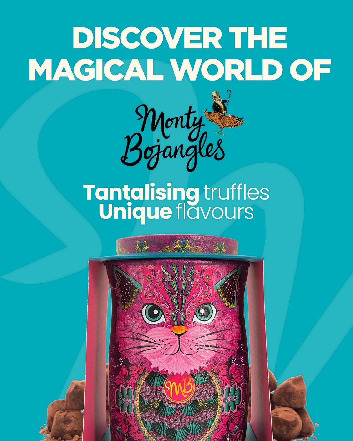 Monty Bojangles Cocoa Dusted Chocolate Truffles Cat Tin (Savanna Gold - 4.7oz) Flutter Scotch Flavored Luxury Chocolatey Truffles - Collectable Cat Tin, Chocolate Gift Box With Bespoke Design