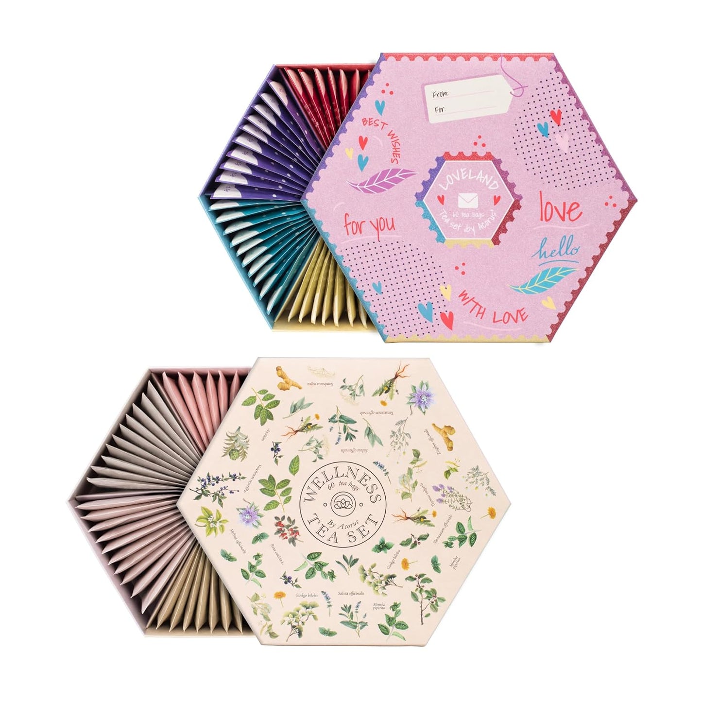 ACORUS Wellness & Loveland Tea Sets, Natural Assorted Herbal Tea Hamper Box Gift Sets, Large Variety of 120 Tea Bags, 12 Flavours