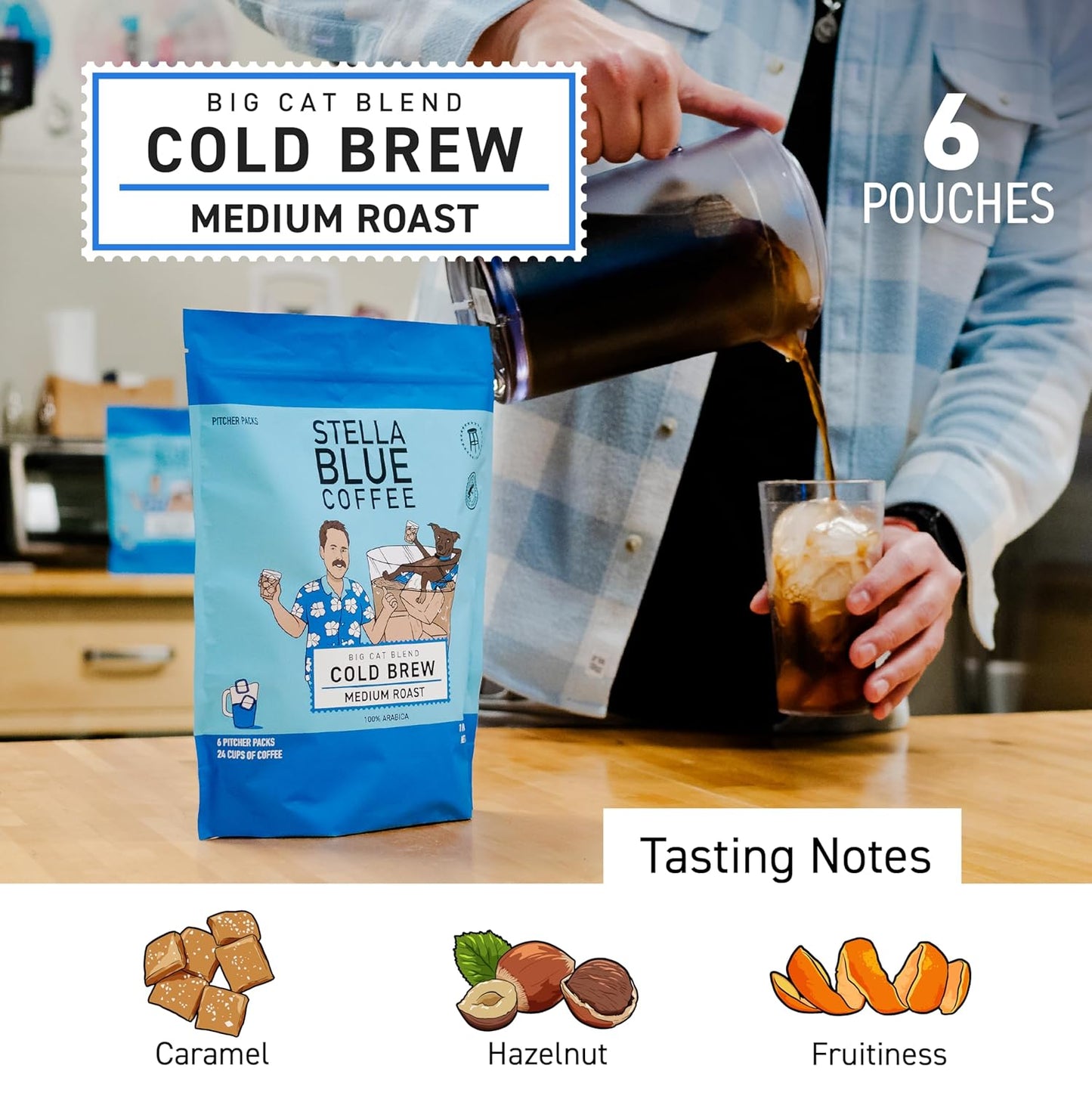 Stella Blue Cold Brew Coffee Bags, Big Cat Blend, Medium Roast Ground Coffee, Smooth, Bold and Refreshing 100% Arabica, 6 Brew Packets, Makes 24 Cups, Rainforest Alliance Certified