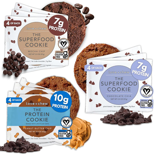 Love + Chew Superfood Soft Baked Cookies, Chocolate Lover Variety, Plant Based Cookie Made With Almonds and Dark Chocolate for Kids and Adults, Vegan Snacks, Gluten Free, Paleo, Non GMO, 12 Pack