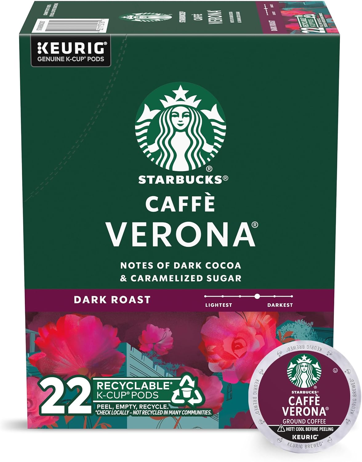 Starbucks K-Cup Coffee Pods, Dark Roast Coffee, Caffè Verona For Keurig Coffee Makers, 100% Arabica, 1 Box (22 Pods)
