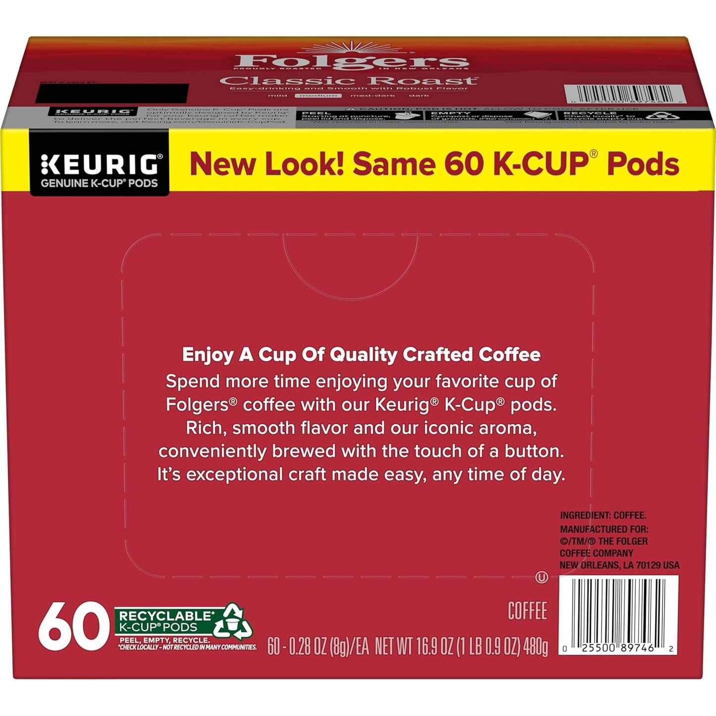 Folgers Classic Roast Coffee, Medium Roast, Keurig K-Cup Pods, 10 Count Box (Pack of 6)