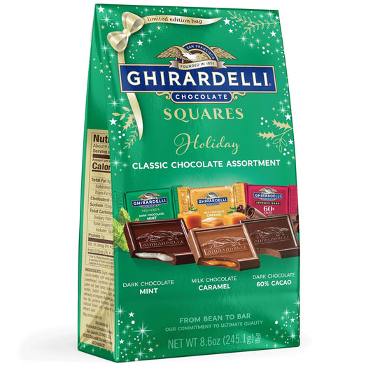 GHIRARDELLI Holiday Classic Chocolate Assortment SQUARES – Limited Edition Milk & Dark Chocolate Candy with Caramel and Mint Flavors, Individually Wrapped, 8.6 oz Bag