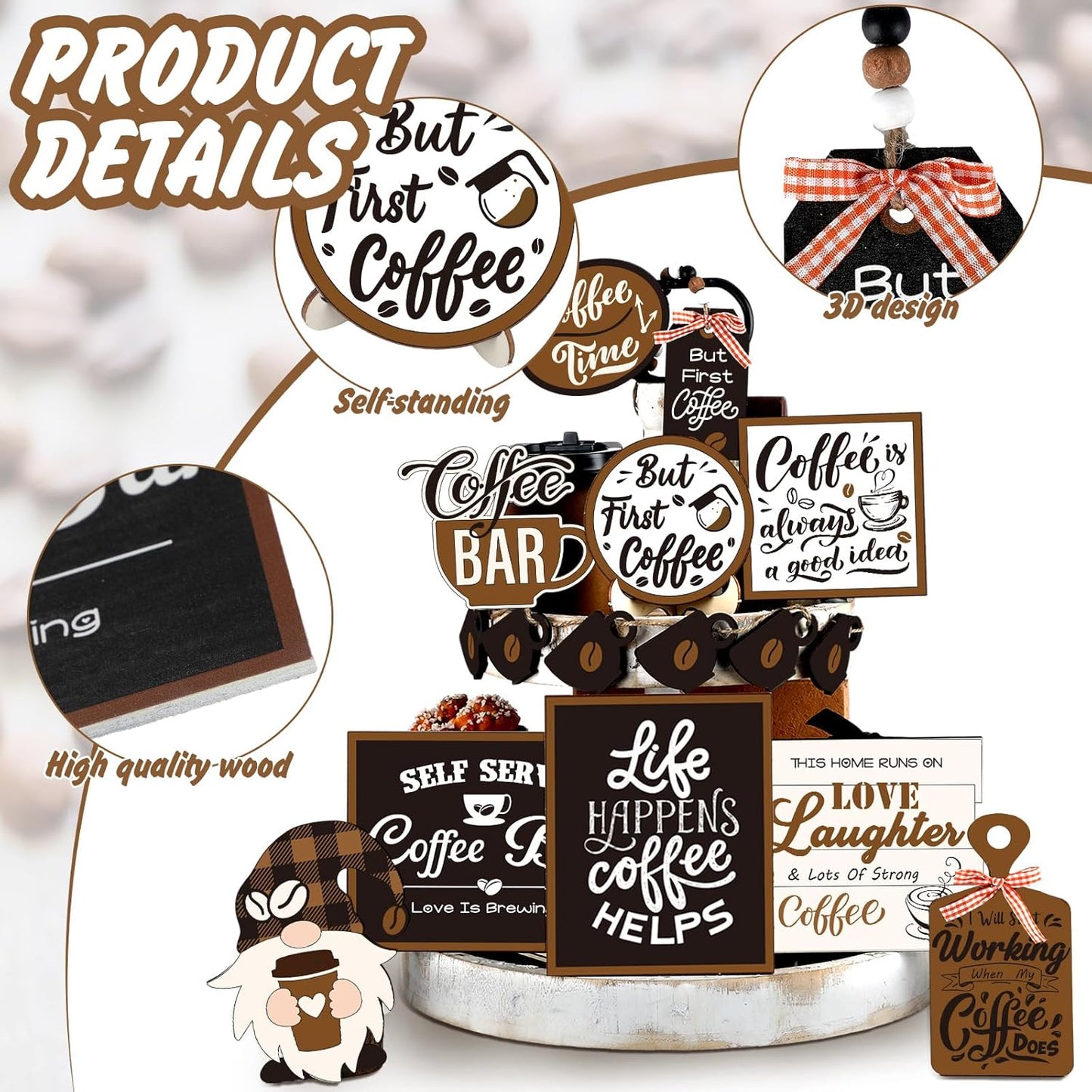 Thyle 16 Pcs Fall Coffee Tiered Tray Decor Set Coffee Bar Wooden Signs Rustic Decorations Farmhouse Table Ornament for Station Bar Tray Shelf