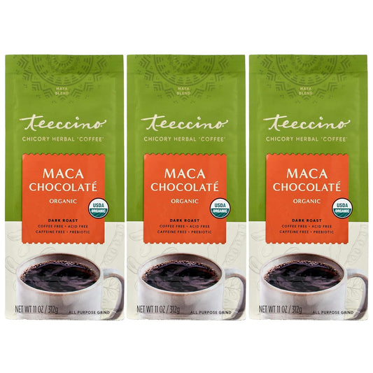 Teeccino Maca Chocolaté Chicory Coffee Alternative - Ground Herbal Coffee That’s Prebiotic, Caffeine Free & Acid Free, Dark Roast, 11 Ounce (Pack of 3)