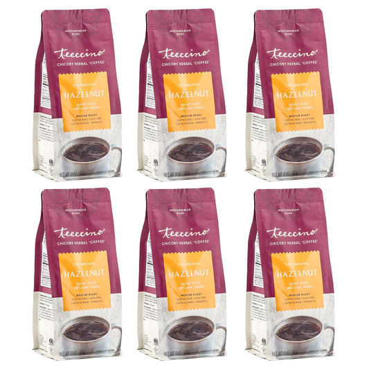 Teeccino Hazelnut Chicory Coffee Alternative - Ground Herbal Coffee That’s Prebiotic, Caffeine Free & Acid Free, Medium Roast, 11 Ounce (Pack of 6)