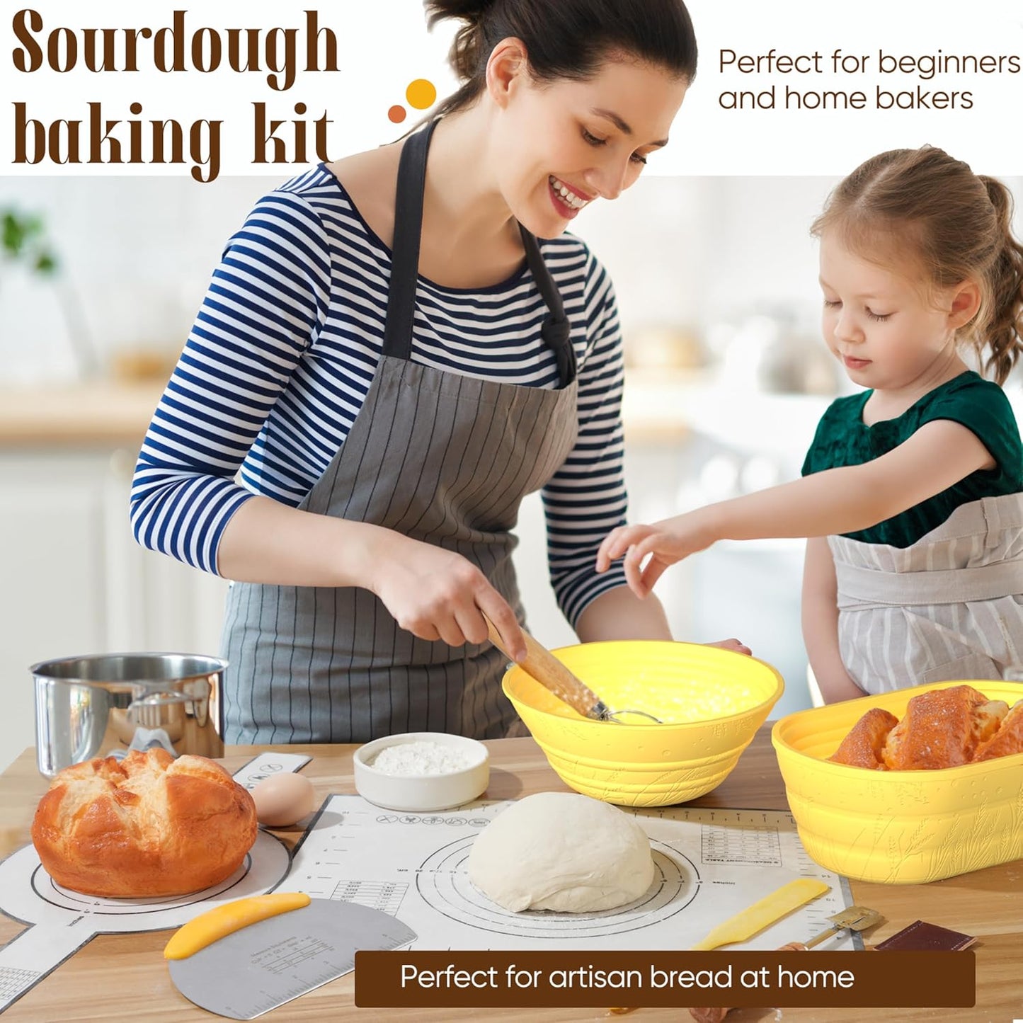 Sourdough Starter Kit with Jar – Complete Sourdough Bread Baking Supplies for Beginners, Includes 2 Silicone Proofing Baskets Baking Mat Sour Dough Kit - Yellow