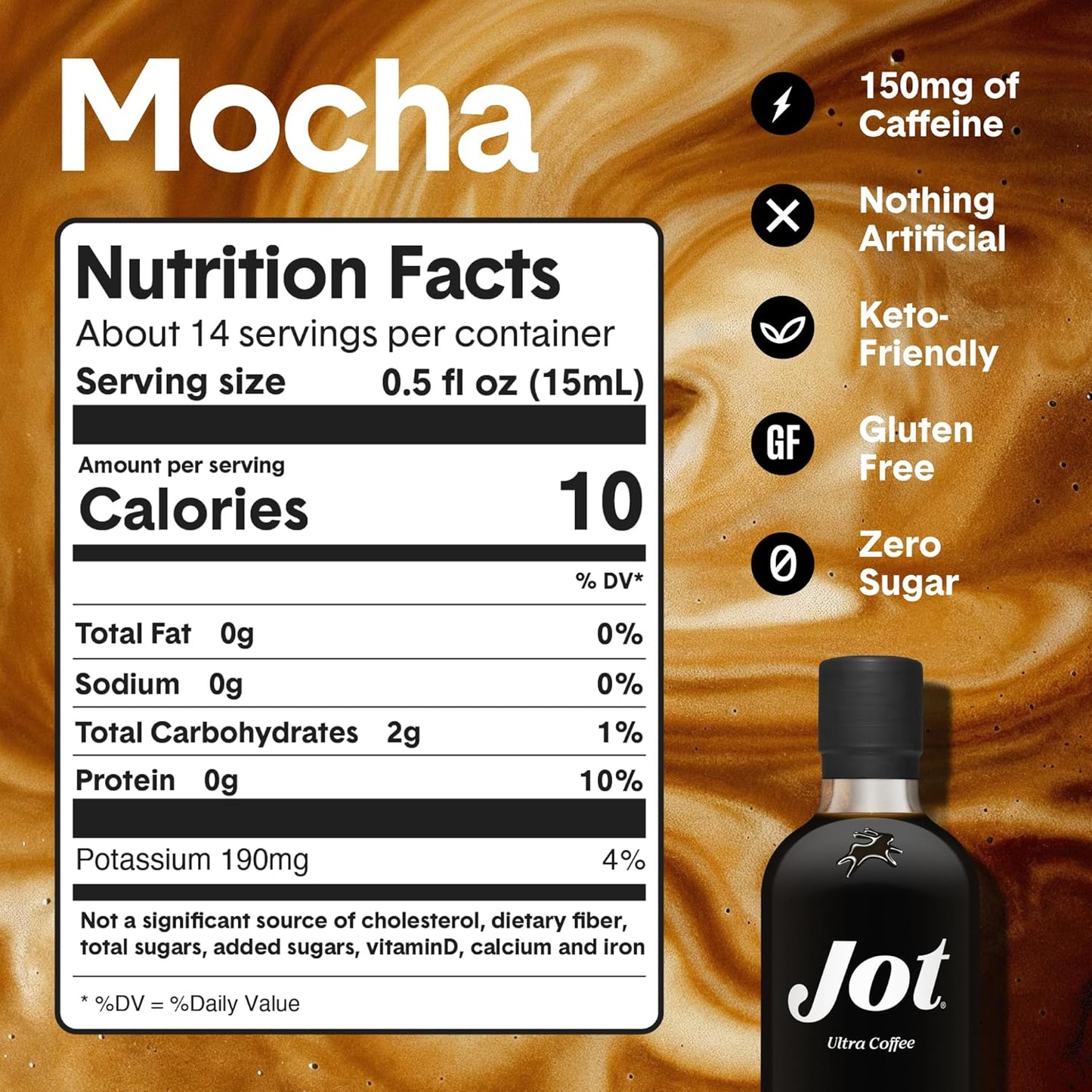 Jot Coffee Concentrate (Mocha) High Caffeine Cold Brew Coffee Concentrate Liquid for Iced Coffees, Instant Espresso, Hot or Cold Instant Coffees - Makes 14 Cups, 150mg Caffeine/Tbsp, Sugar Free