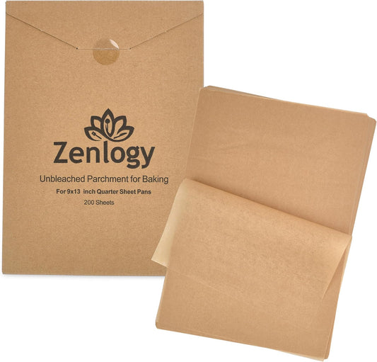 Zenlogy 9x13 Parchment Paper (200 sheets) - Unbleached, High Heat, Non-stick, Pre-cut Baking Paper for Quarter Sheet Pans - Great for Baking, Roasting, Wrapping, Dehydrator, and so much more