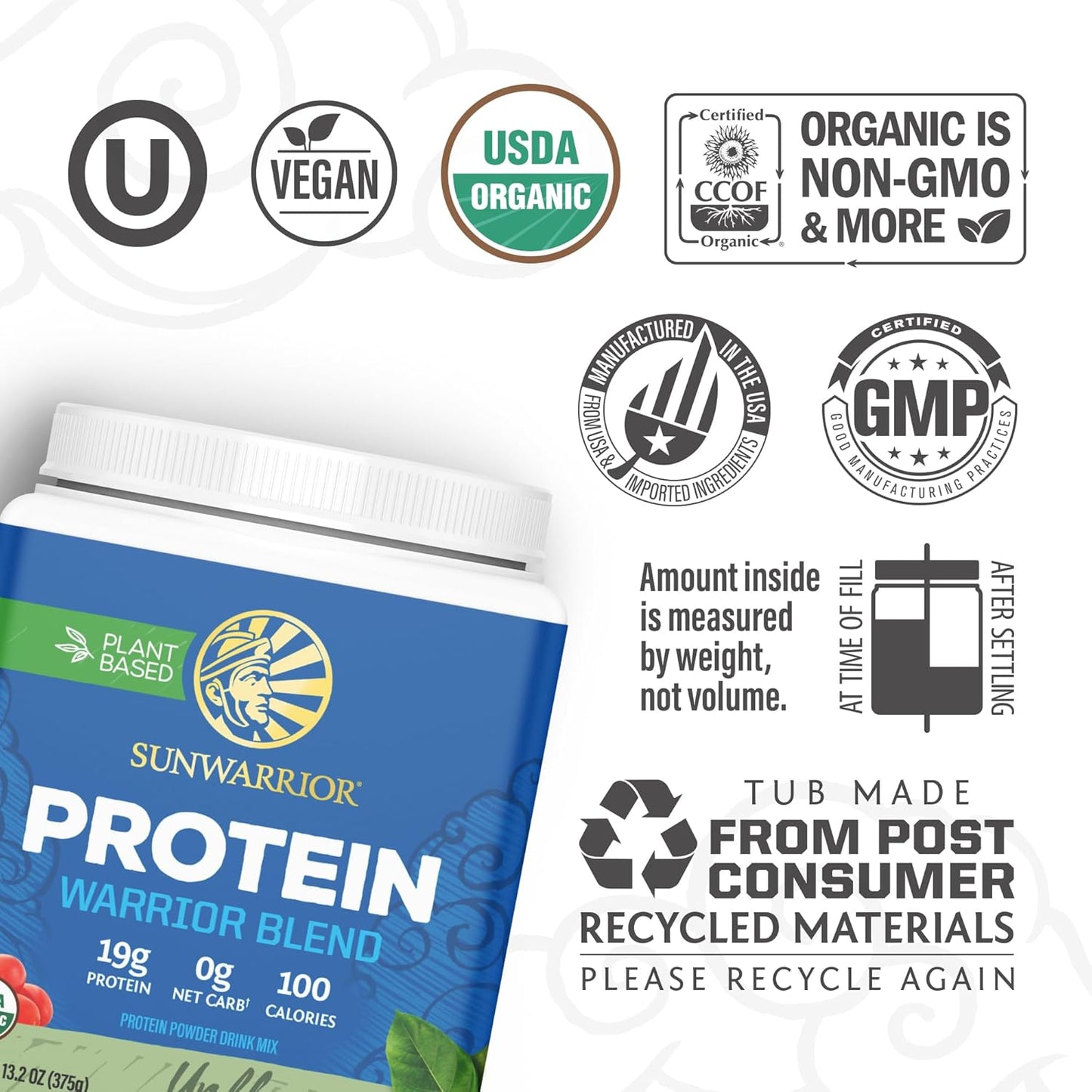 Sunwarrior Organic Plant Based Protein Powder | Vegan Organic Protein Powder Unflavored with BCAA Amino Acids & Hemp Seed Pea Blend | Non-GMO Soy Dairy Filler & Gluten Free (Unflavored, 15 Servings)