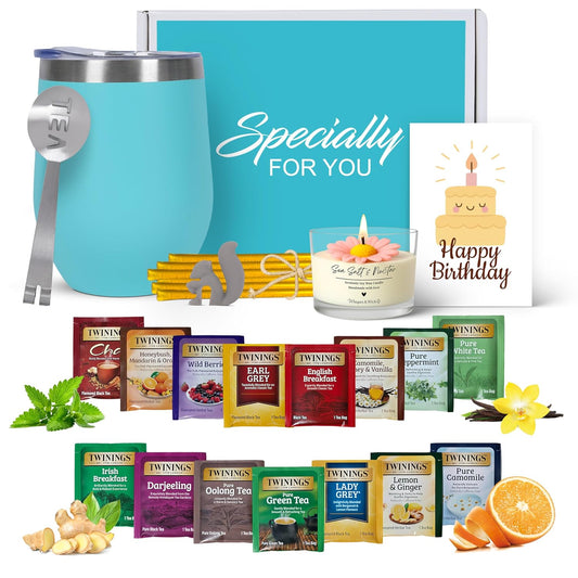 Birthday Gift Set with Stainless Tumbler, 15 Assorted Teas, 10 Honey Straws, Tea Tongs, Scented Candle and Greeting Card in Ready-to-Gift Box (Teal - Birthday Card)