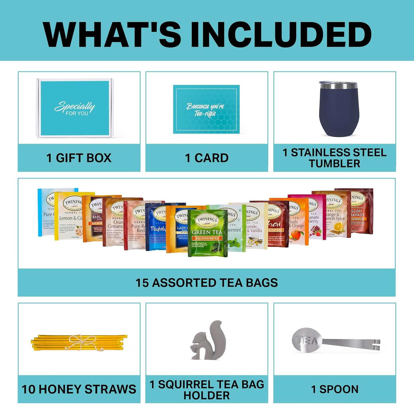 Tea Gift Sets for Tea Lovers Women and Men Tumbler 15 Unique Teas 10 Honey Straws (Decaffeinated)