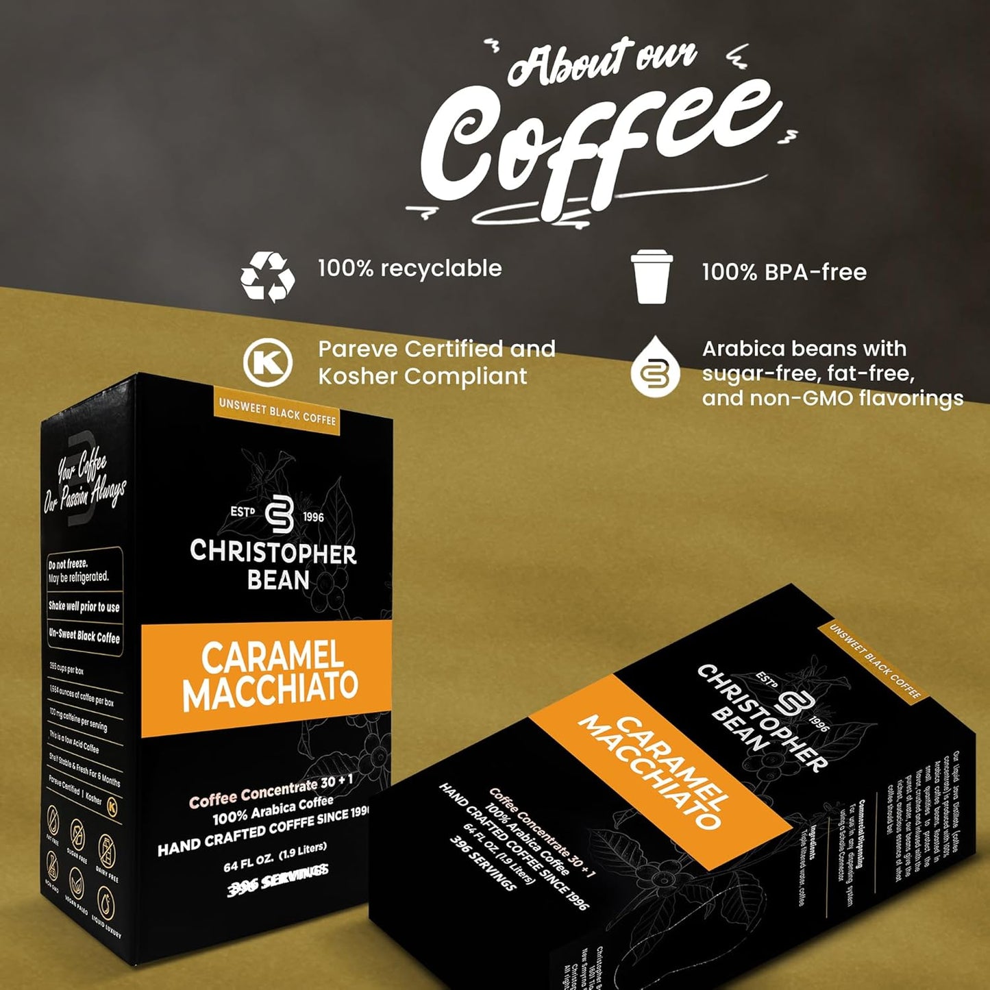 Christopher Bean Coffee - 396 servings, 30 to 1 Blend Bag in Box Liquid Instant Coffee or Cold Brew Coffee Concentrate - Hot or Iced Coffee - Caramel Macchiato
