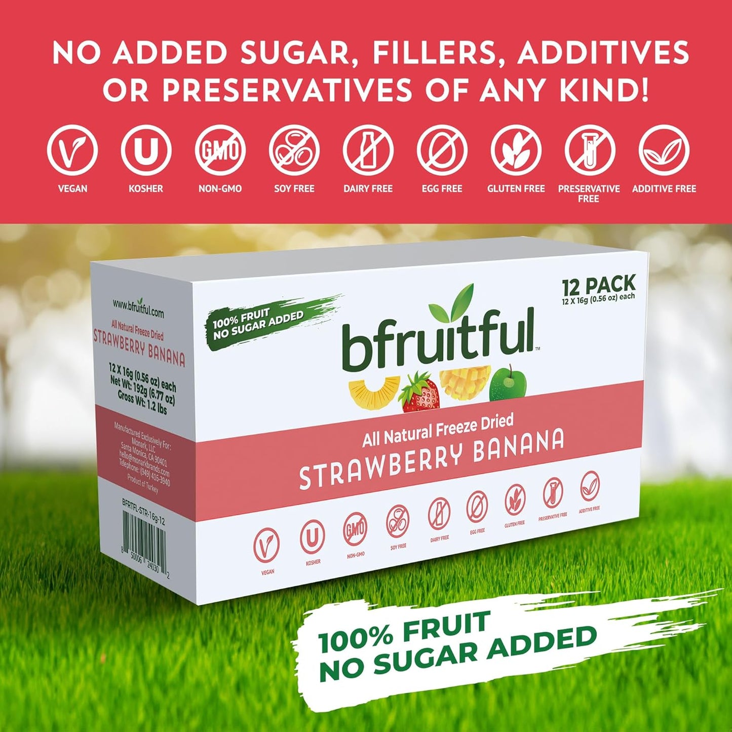 bfruitful Freeze-Dried Strawberry Banana, Freeze Dried Fresh Fruit Bites, Gluten Free, Vegan, Dairy Free, Kosher, No Sugar Added, Non GMO, Healthy Snacks for Kids or Adults, 0.56 oz Single-Serve Snack Packets, 12 Pack