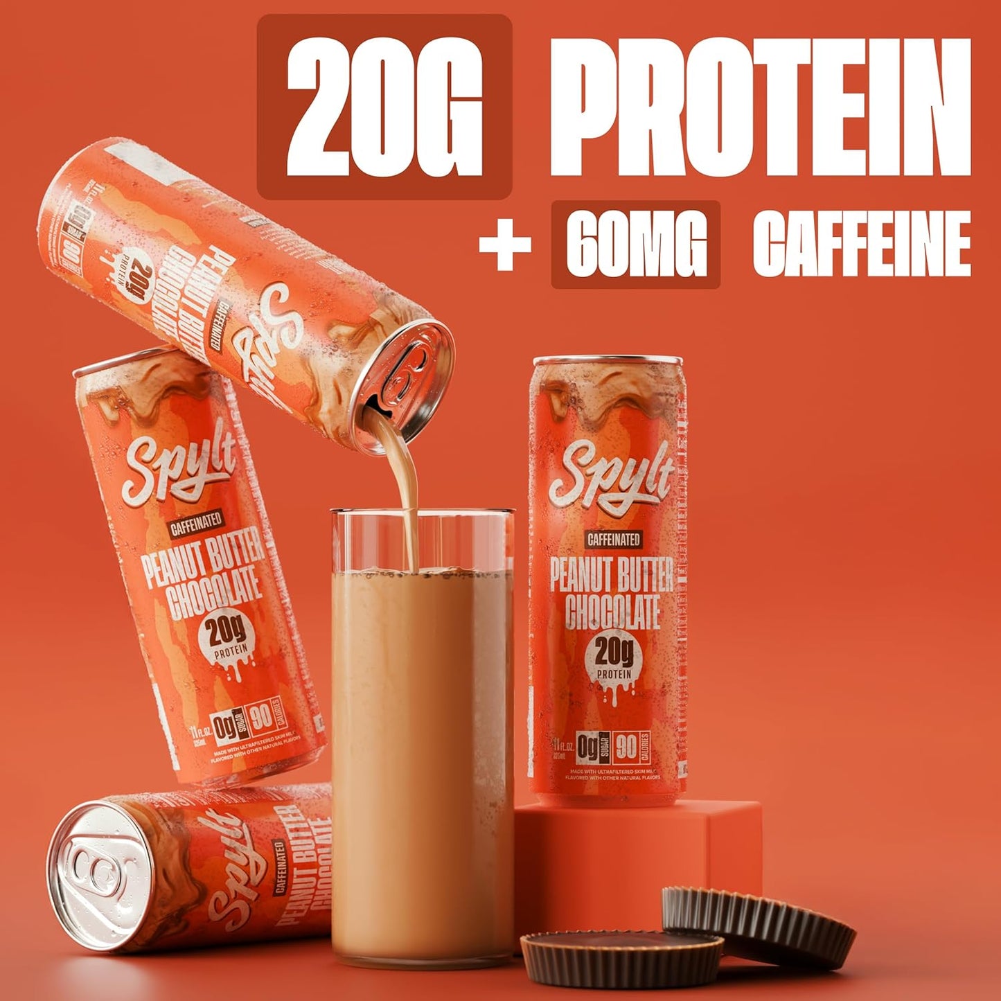 Spylt High Protein Peanut Butter Chocolate Milk with 60mg Caffeine & 20g Protein - 90 Calories, Ready to Drink, Sugar Free, Lactose Free Milk, Perfect for Workout Recovery & Afternoon Pick Me Up - 12 Count