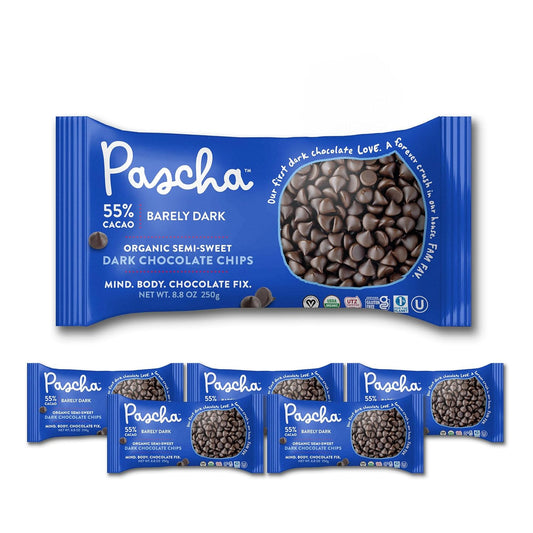 Pascha Organic 55% Cacao Semi-Sweet Dark Chocolate Chips - Bulk Baking Chips - Mild, Smooth Vegan Baking Chocolate - Allergen-Free & Plant-Based - Rainforest Alliance Certified, (Pack of 6)