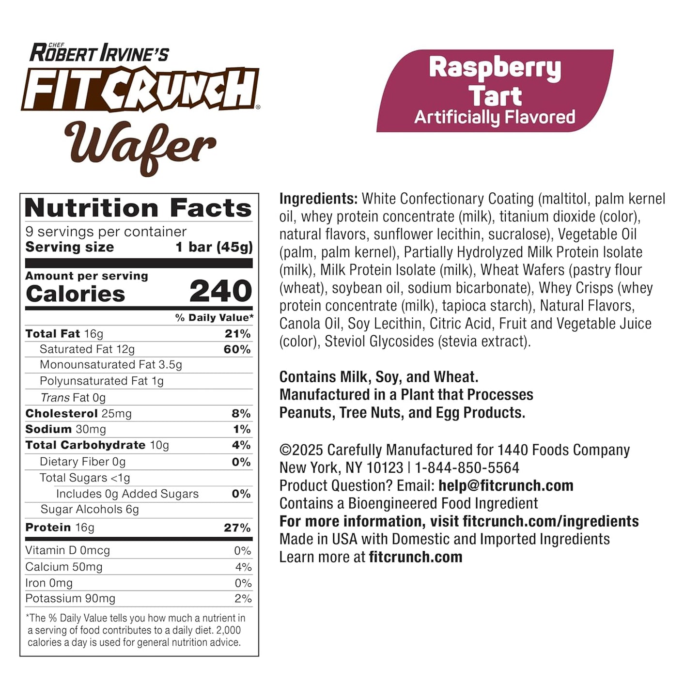 FITCRUNCH Wafer Protein Bars, Designed by Robert Irvine, 16g of Protein & 1g of Sugar (9 Bars, Raspberry Tart)