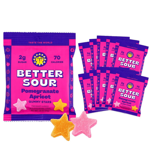Better Sour Pomegranate Apricot Gummy Stars Candy, Sour Gummies with Bold Fruit Flavor, Mouthwatering Sour Candy Made with Real Fruit Juice, Vegan and Gluten-Free Treats, 10 Pouch Set
