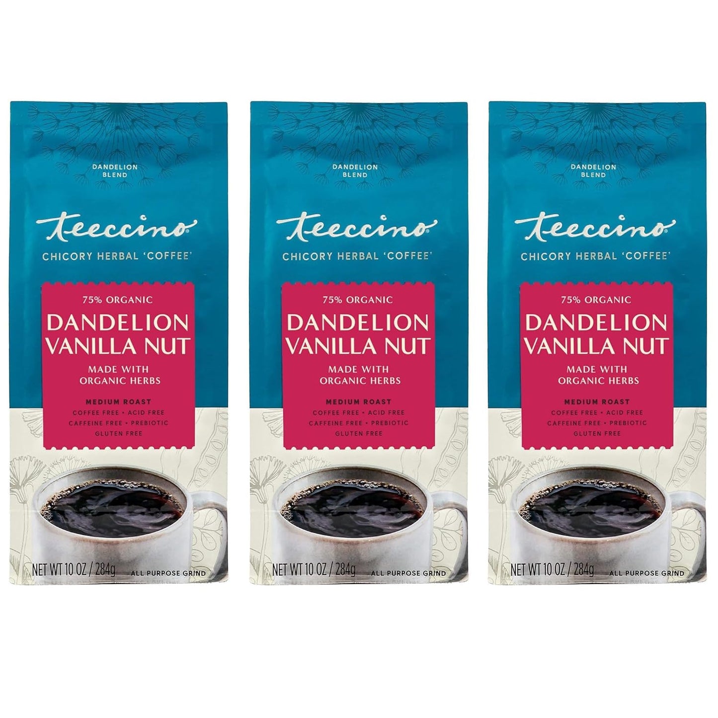 Teeccino Dandelion Vanilla Nut Herbal Coffee - Caffeine-Free Coffee Alternative with Prebiotics, Gluten Free, Acid Free - Medium Roast, 10 oz, Pack of 3