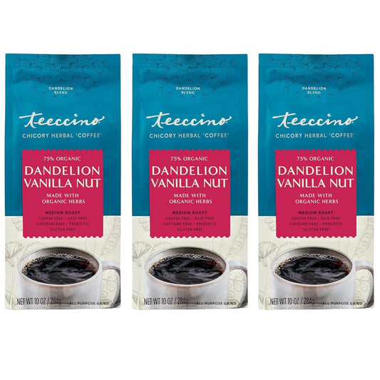 Teeccino Dandelion Vanilla Nut Herbal Coffee - Caffeine-Free Coffee Alternative with Prebiotics, Gluten Free, Acid Free - Medium Roast, 10 oz, Pack of 3