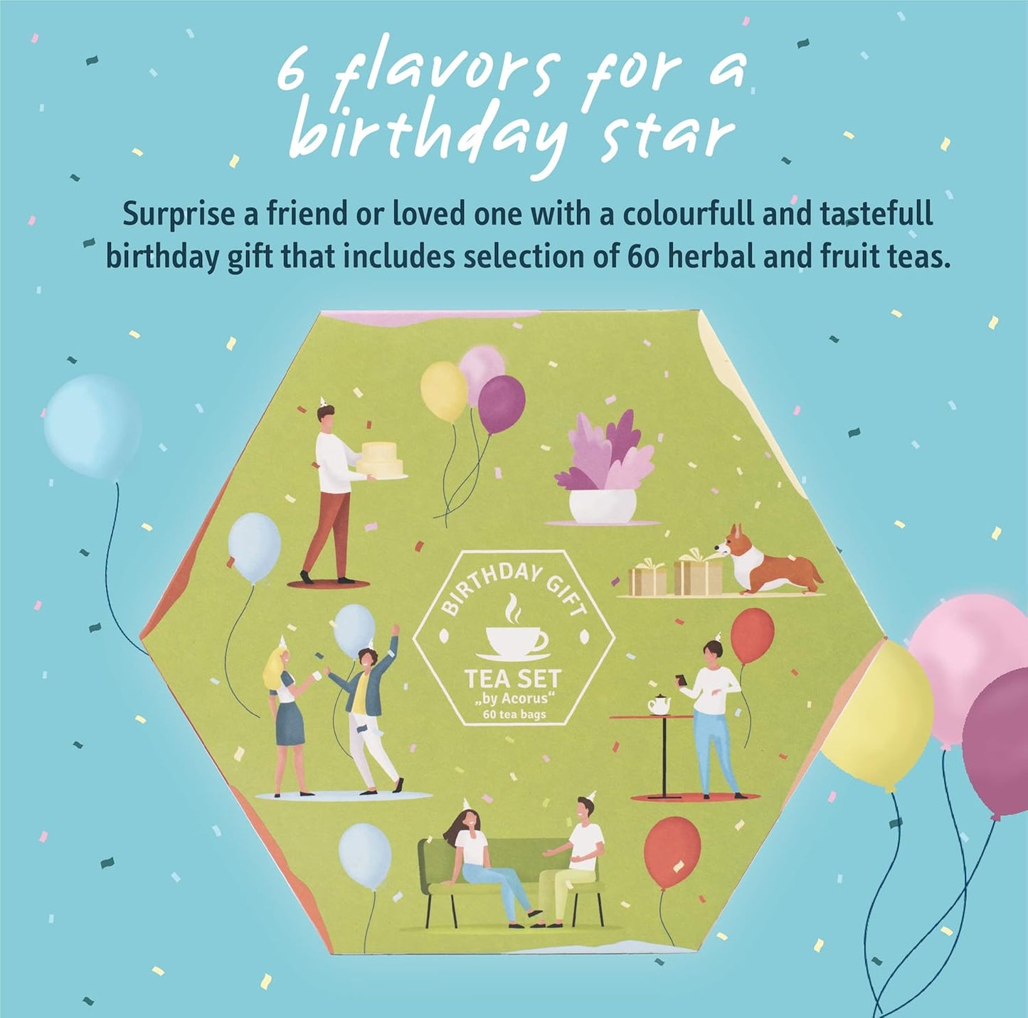 ACORUS | Birthday Gift Tea Set | Natural Tea Hamper Box Gift Set of 6 Flavors | Thoughtful Present for Birthday | Large Selection Box | Tea Gift Sets | 60 Herbal and Fruit Tea Bags Variety Pack