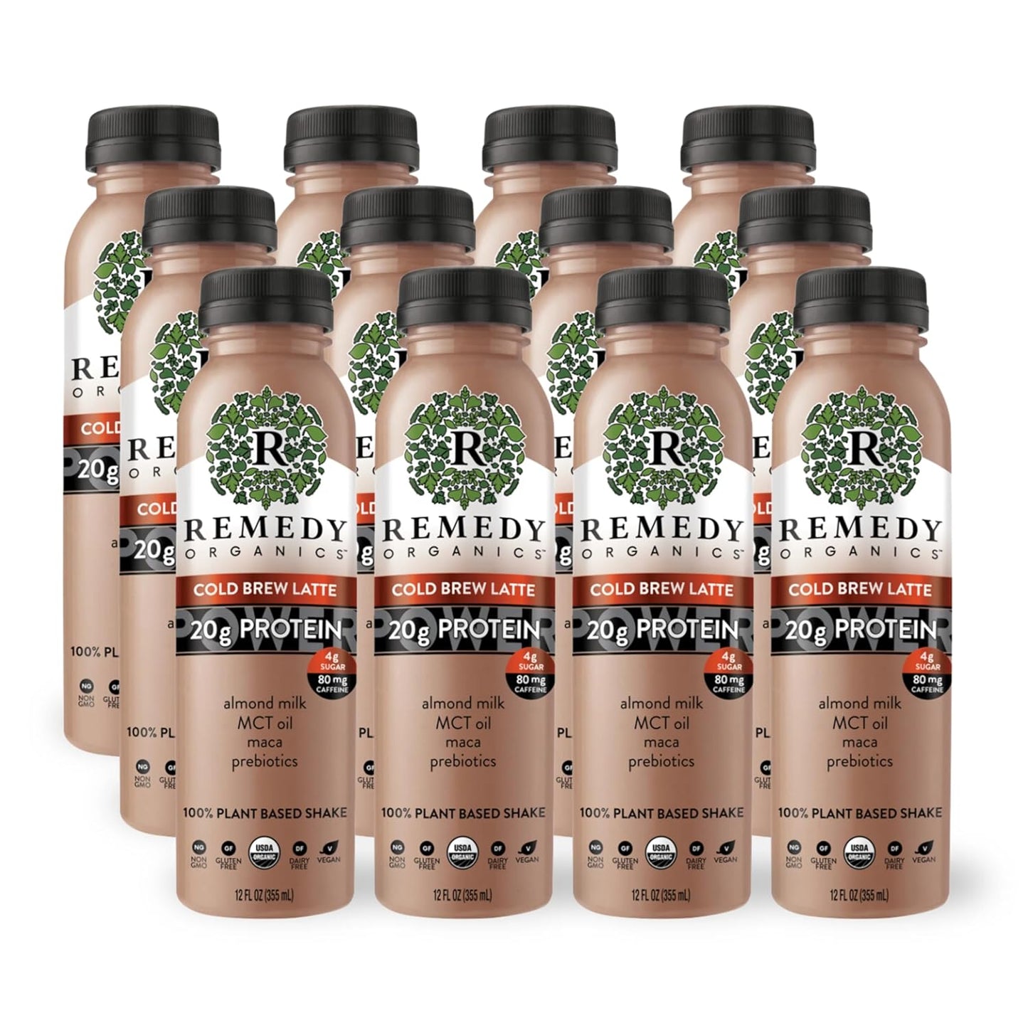Remedy Organics Cold Brew Latte Power 12-Pack | Plant Based MCT Oil Protein Shakes, Ready to Drink | USDA Organic, Vegan, Gluten Free, Dairy Free, Soy Free | 12 Cold Brew Latte Bottles