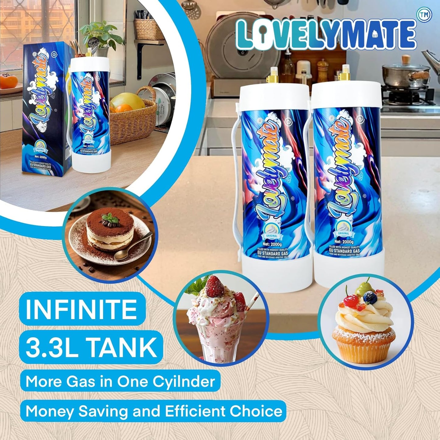 Whipped Cream Charger Tank 3.3L 2000G Whip Cream Charger Cylinder Food Grade Flavored (Tips Included) (1, Original)